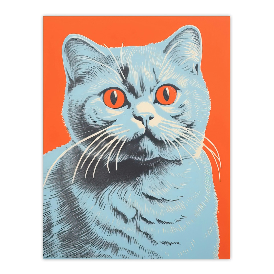image 1 of Teal Coral British Blue Cat Screen Risograph Style Spot Block Black Framed Wall Art Print A4