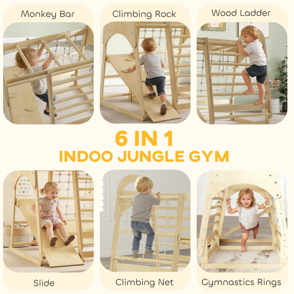 image 1 of AIYAPLAY 6 in 1 Kids Climbing Frame with Slide, Monkey Bars, Ladder