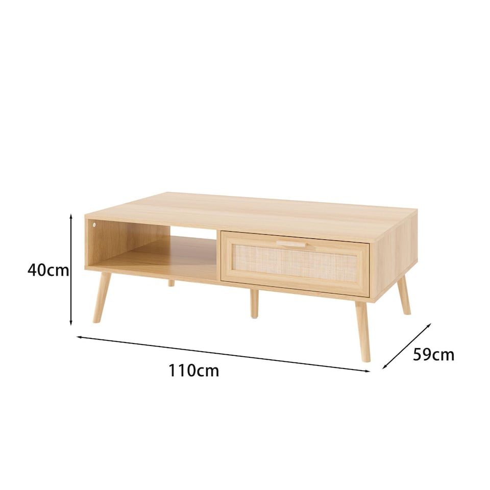 image 1 of Coffee Table Rattan Front Drawer Open Shelf Solid Wooden Legs Home Living Room