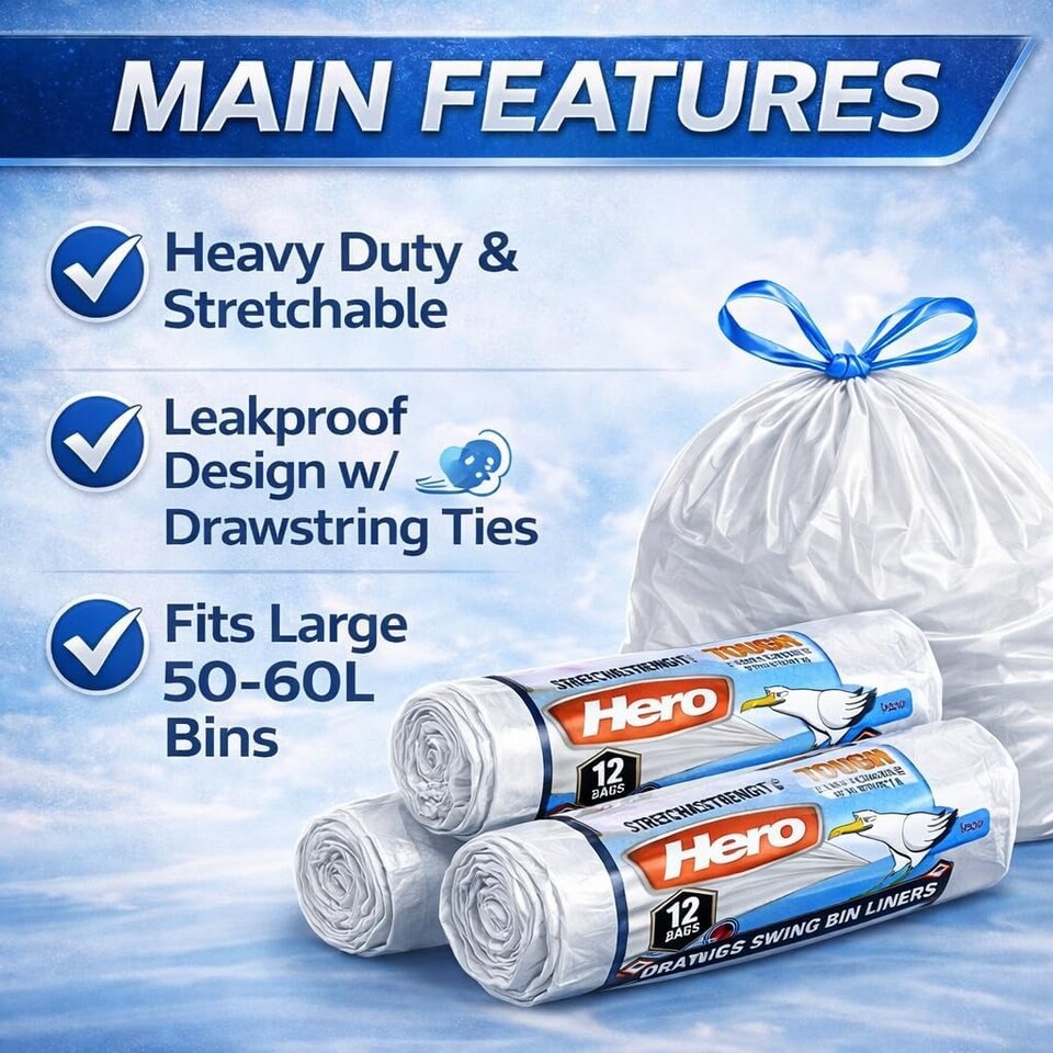 image 1 of Hero Swing Bin Bag Liners – 12 White Drawstring Refuse Sacks | Embossed Stretchable Strong Bin Bags 50–60L for Bathroom, Bedroom & Kitchen Bins
