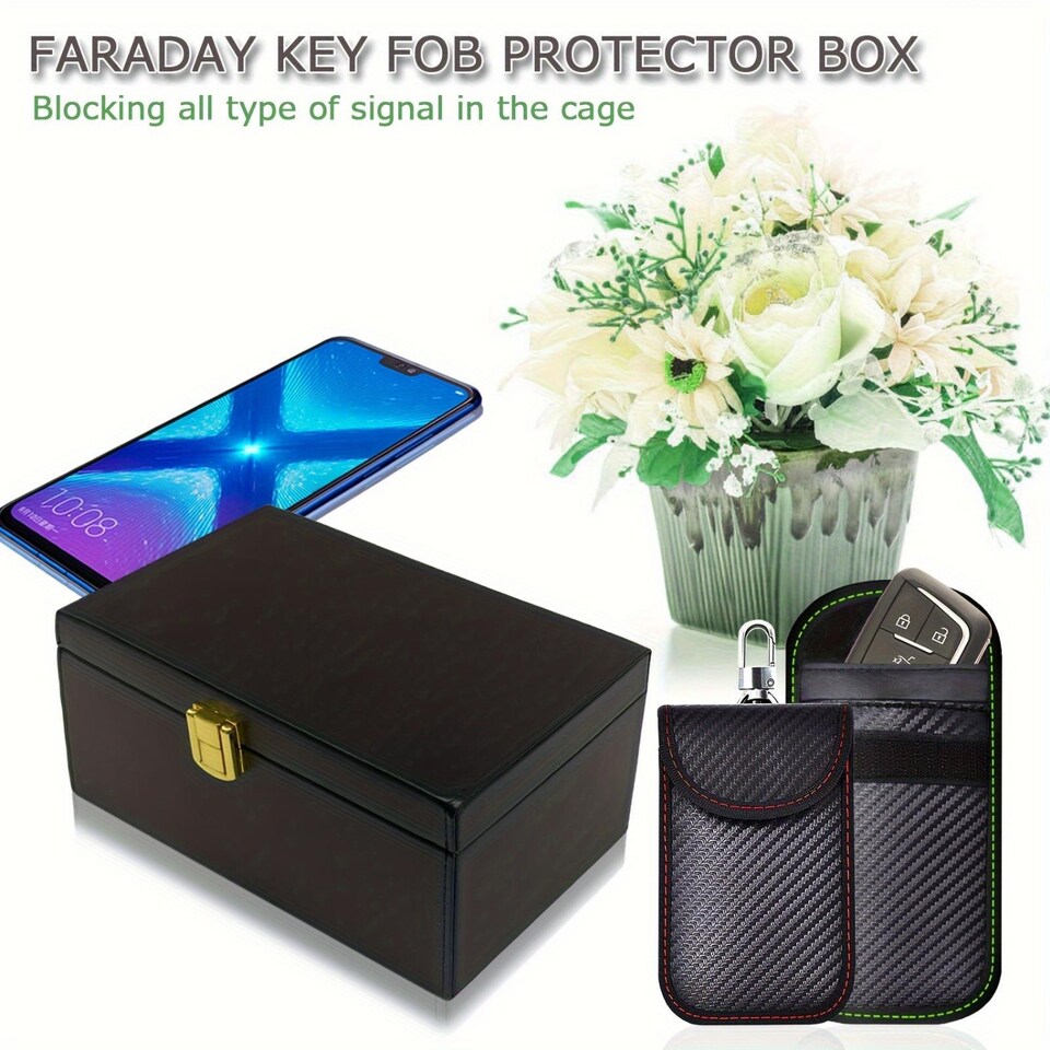image 1 of Dyzi Faraday Key Box with 2 Signal Blocking Pouches Black Key Fob Protector