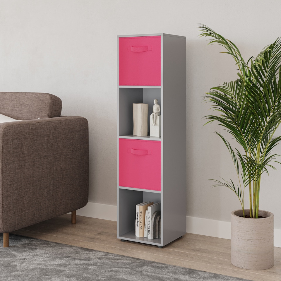 image 1 of 4 -Cube Tall Shelving Unit With Non Woven Inserts | Grey | Grey & Dark Pink | 1