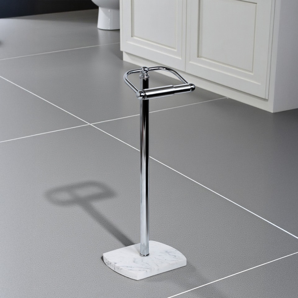 image 1 of Showerdrape Octavia White Marble & Chrome Freestanding Toilet Roll Holder | White | 1