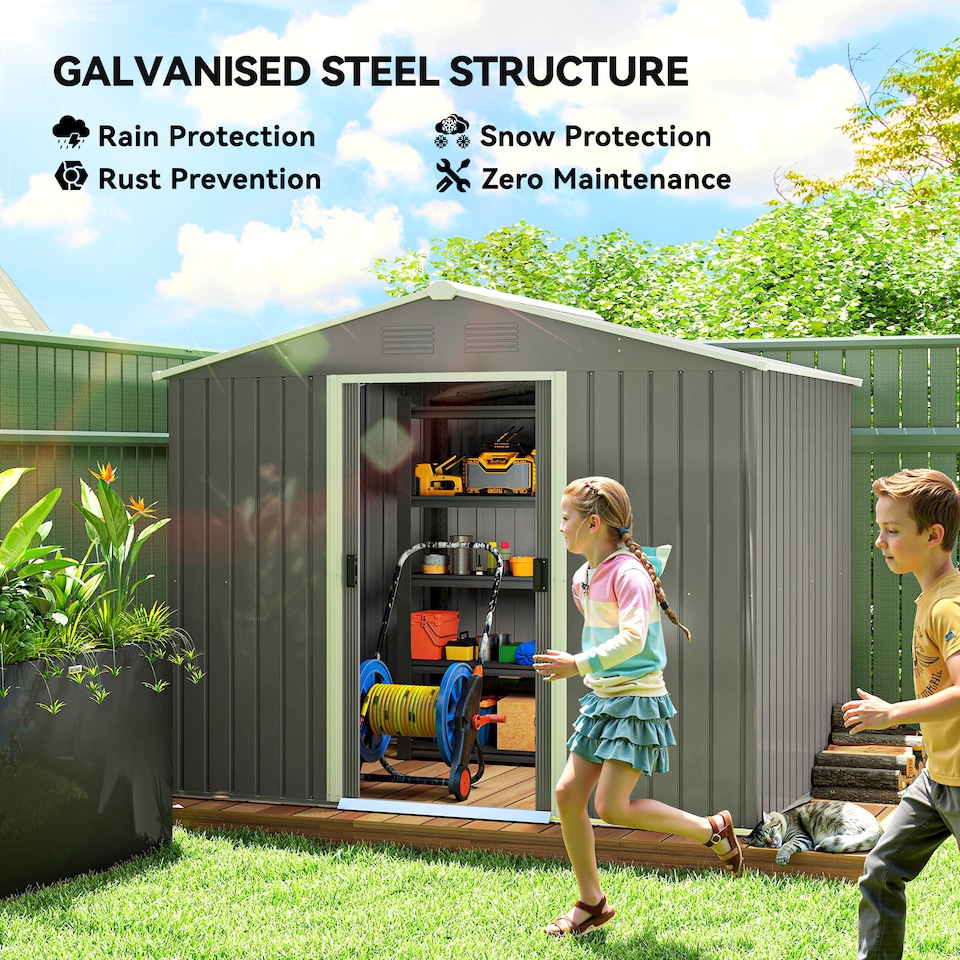 image 1 of Outsunny 7.7 x 5.7ft Metal Garden Shed with Ventilation Slots and Sliding Doors, Galvanised Outdoor Tool Storage House, Light Grey