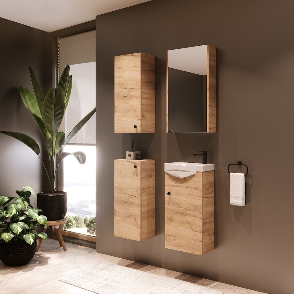 image 1 of Bathroom Mirror Cabinet Mirrored Wall Unit 400mm Slimline Cupboard Oak Finish Narrow Storage Avir