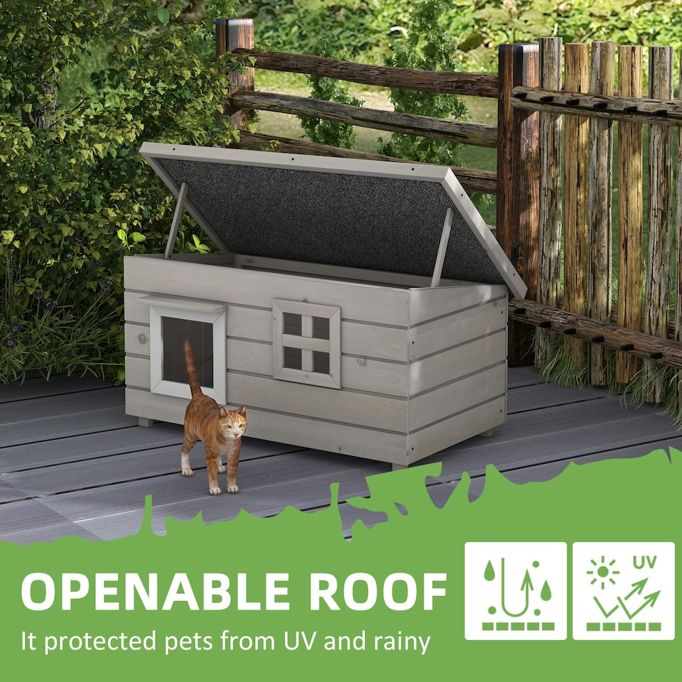 image 1 of PawHut Outdoor Cat House with Openable Top, Asphalt Roof, Window, Grey