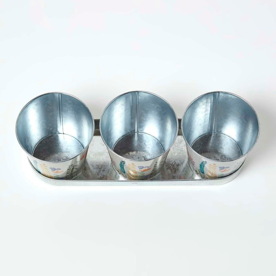 image 1 of Homescapes Set of 3 Herb Pots with Tray, Multi-Coloured Floral Design Multi