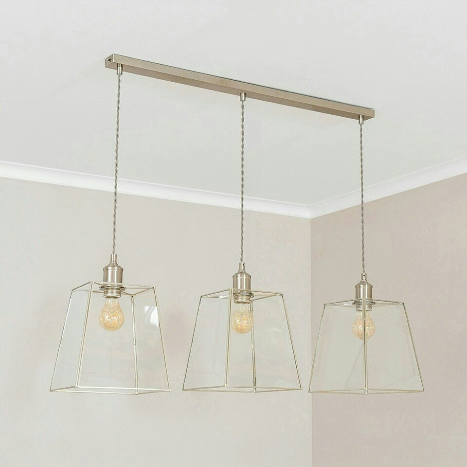 image 1 of ValueLights Susie Glass Lantern 3 Drop Brushed Chrome Diner Ceiling Pendant Light with Bulbs Silver