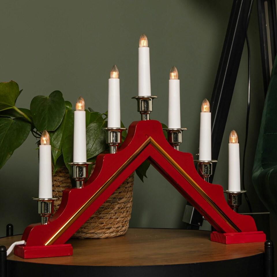 image 1 of 39cm Light up Red Wooden Christmas Candle Bridge with Silver Cups & 7 Warm White LEDs