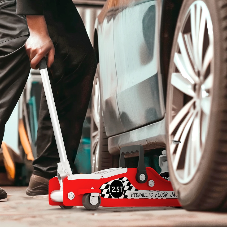 image 1 of HOMCOM Hydraulic Low Profile Floor Jack, 2.5 Tonne Heavy Duty Steel Trolley Car Jack Lift with 80-360 mm Lifting Range, Wheels, Top Handle, Red
