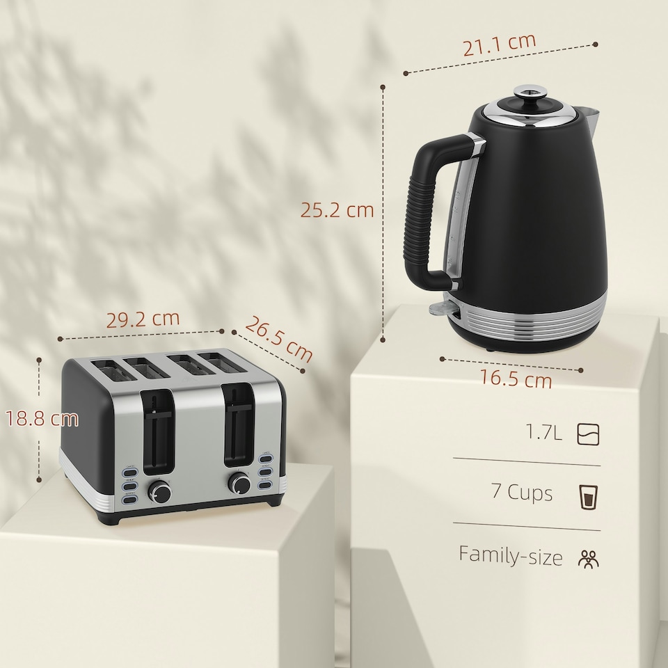 image 1 of HOMCOM 1.7L 3000W Quick Boil Kettle and 4 Slice Toaster Set Crumb Tray Black
