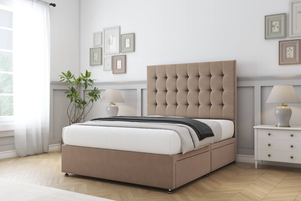 image 1 of Sloomy Alabama Mink Plush Divan Bed Base No Drawers With 26 Inch Strutted Headboard | Brown | Mink | King | 1