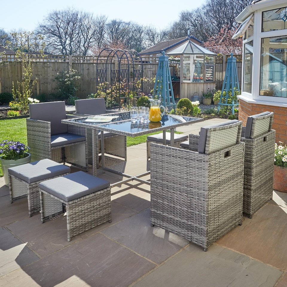 image 1 of 9 Piece Cube Rattan Garden Furniture Set 4 Chairs 4 Footstool Chairs & Table