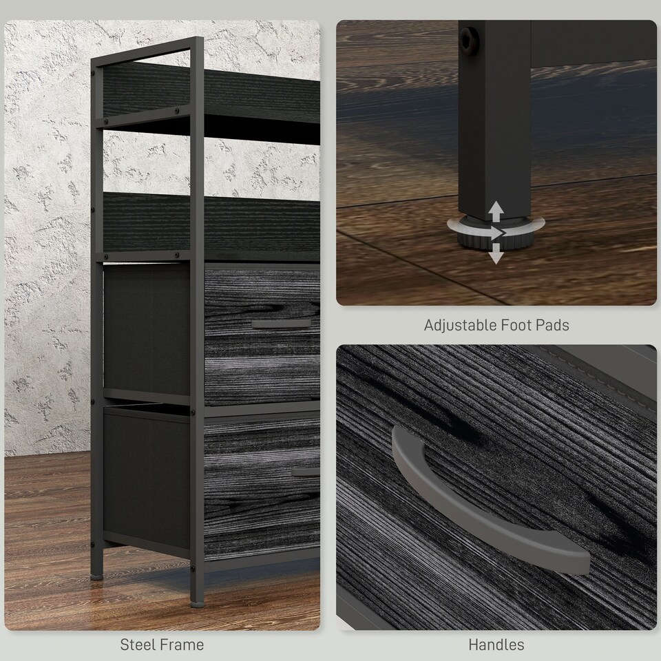 image 1 of HOMCOM Bedroom Chest of Drawers, Fabric Dresser with 5 Drawers, Storage Organiser Unit with Open Shelves and Metal Frame for Living Room, Entryway, Black | Black | Black