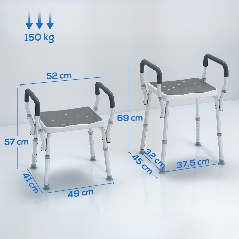 image 1 of HOMCOM Portable Shower Stool, Non-Slip Shower Chair with Adjustable Height and EVA Cushion, Rust-Free Aluminium Bath Chair for Elderly, Disabled, Grey | Grey | Grey