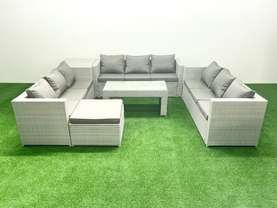 image 1 of Fimous Rattan Garden Outdoor Furniture Set 10 Seater Garden Sofa Oblong Coffee Table Set with Big Footstool Side Table Light Grey Mixed