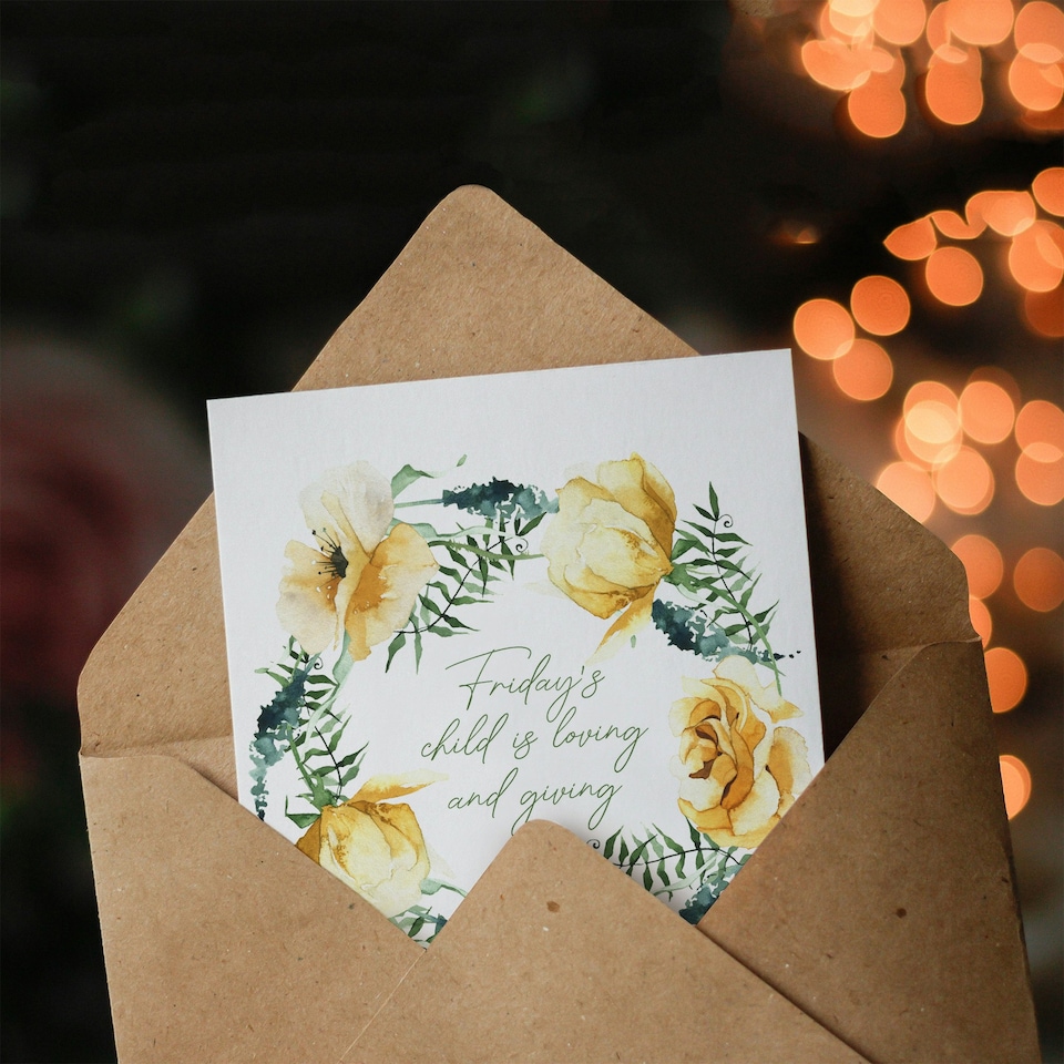 image 1 of Friday's Child Loving and Giving Floral Wreath New Baby Card