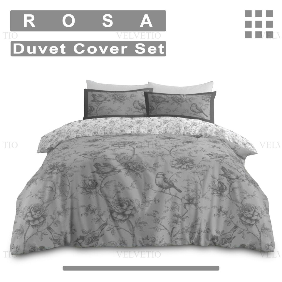 image 1 of VELVETIO Rosa Complete Duvet Cover Set with Fitted Sheet Soft Polycotton Bedding Sets Grey | King
