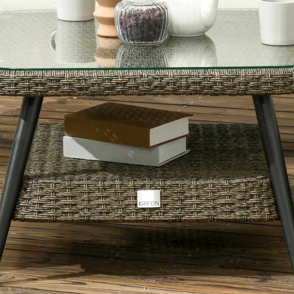 image 1 of Outsunny Rattan Corner Sofa, Rattan Garden Furniture w/Glass Top Two-tier Table
