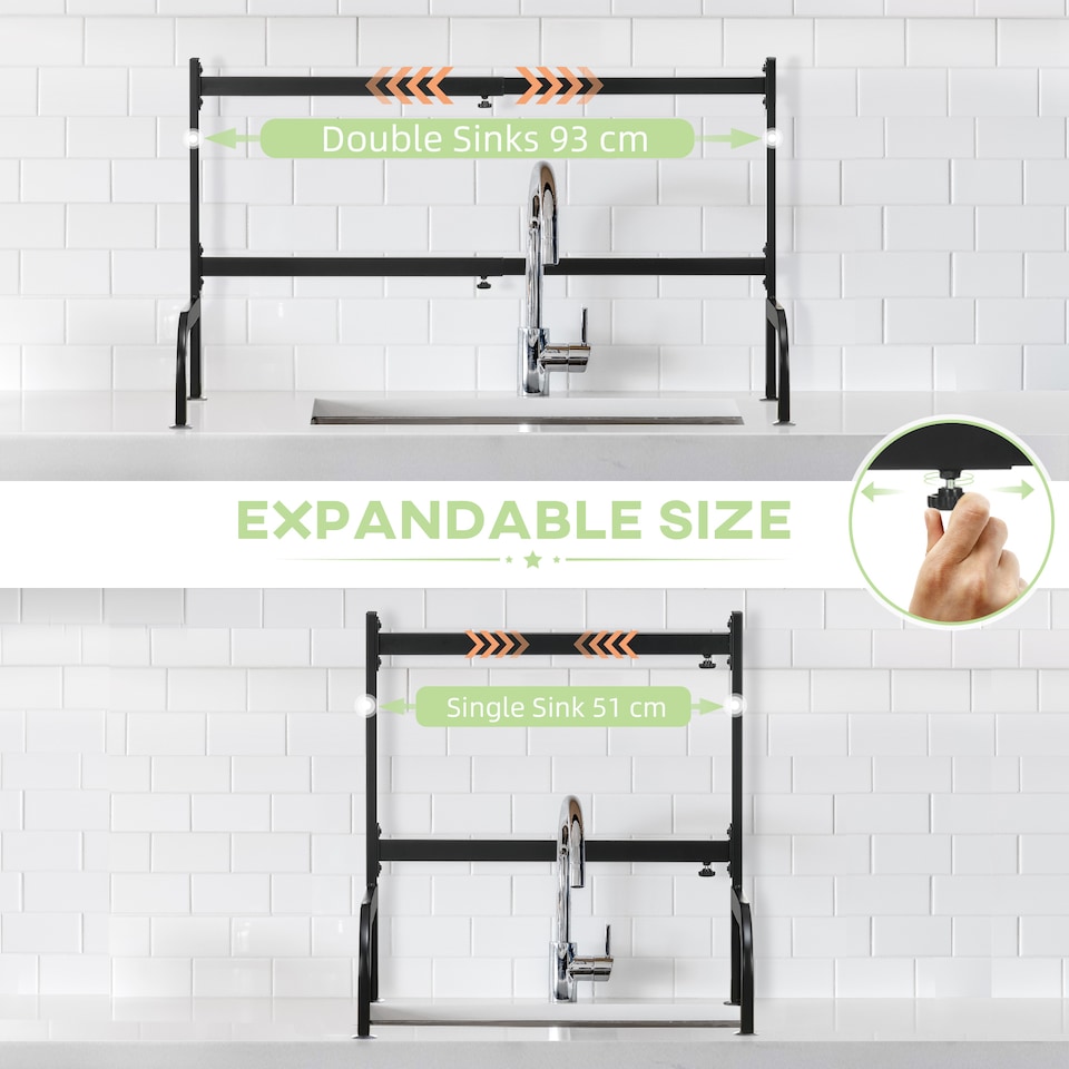 image 1 of HOMCOM Large Dish Drainer Rack Over The Sink, 2 Tier Adjustable Dish Drainer 51-93cm, Space Saving Kitchen Counter Shelf Organiser, Black