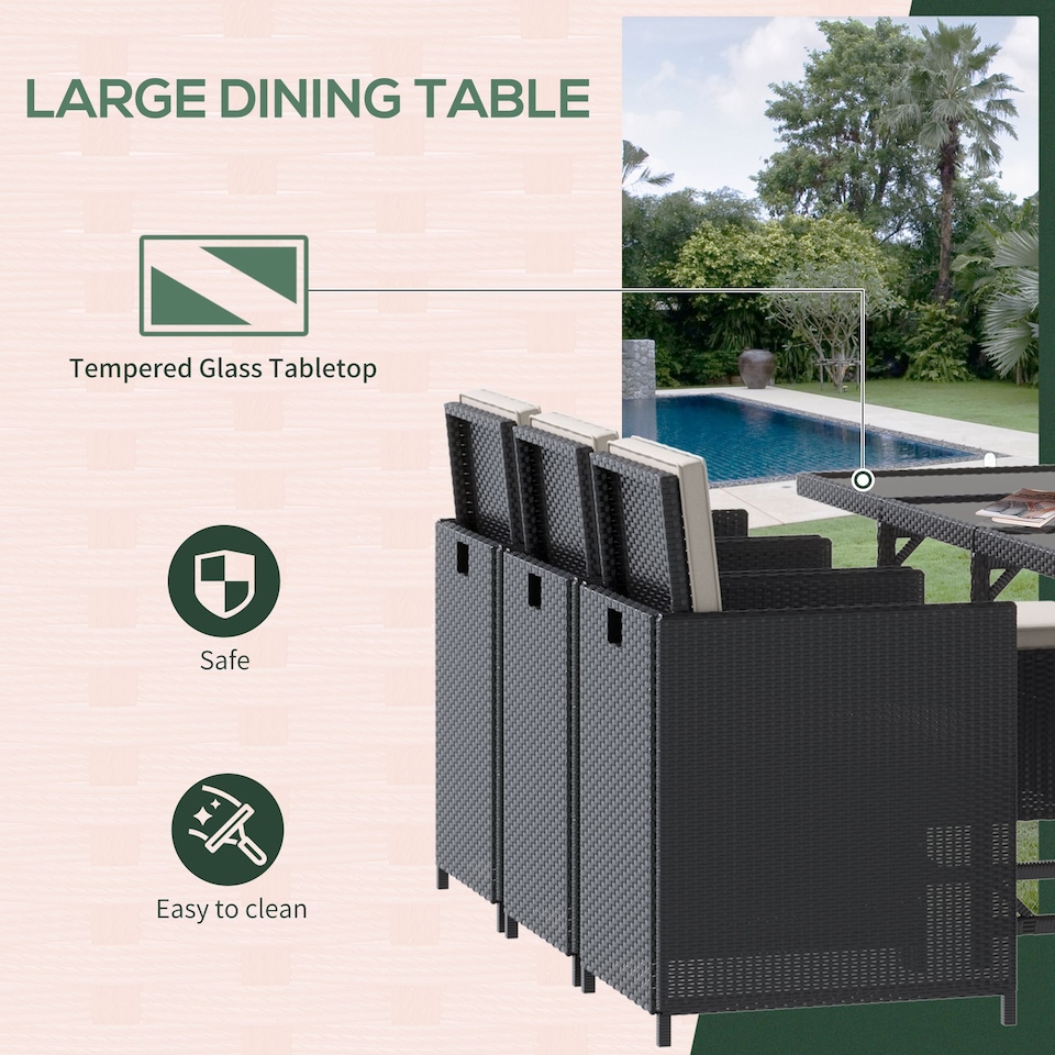 image 1 of Outsunny 10 Seater Cube Rattan Dining Set W/ Cushions Glass Top Table Black