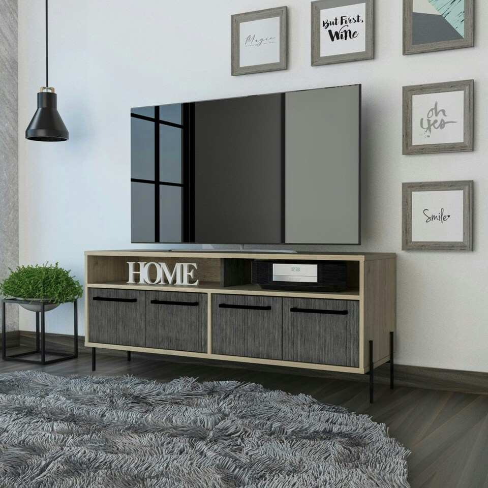 image 1 of Harvard Carbon Grey Oak and Washed Oak Wide 4-Door TV Unit - Modern Media Cabinet with Storage | Brown | Brown | 1