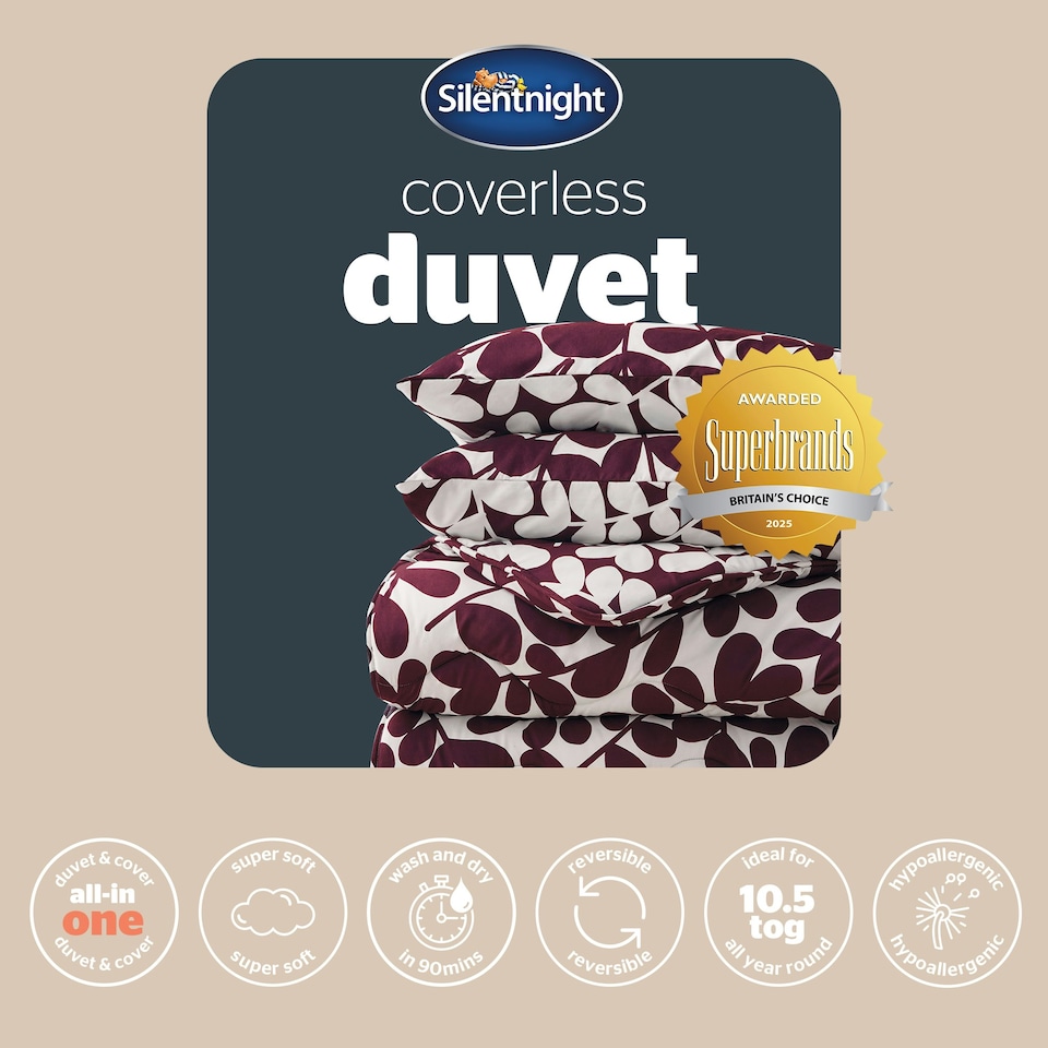image 1 of Silentnight Coverless 10.5 Tog Duvet and Pillowcase Set, Leaf Print Purple | Single