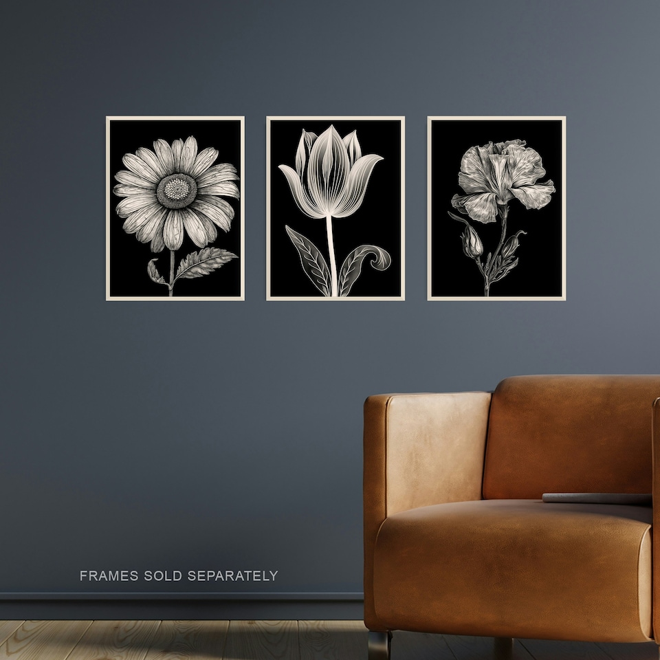 image 1 of Set of 3 Elegant Single Tulip Daisy Rose Spring Flowers Black White Floral Artworks Wall Art Prints 12X16 Inch