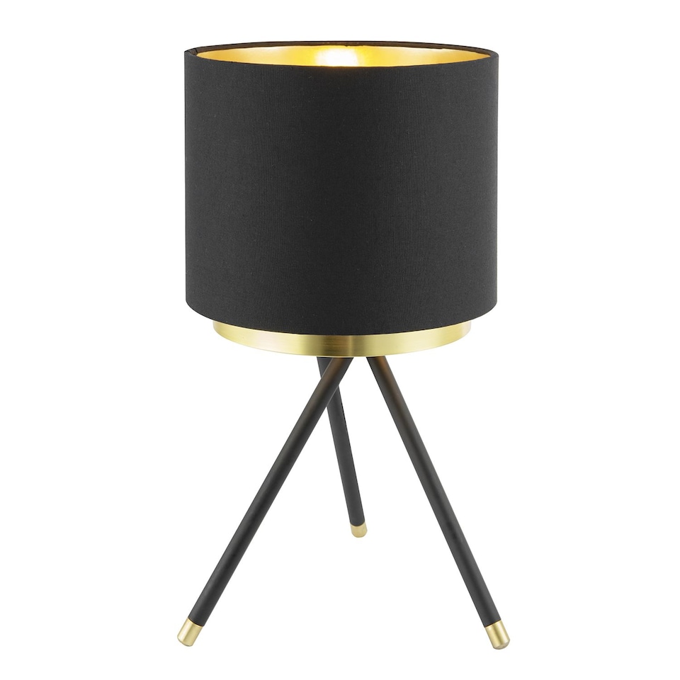 image 1 of Black Tripod Table Lamp with Gold Metal Ring and Cotton Drum Shade