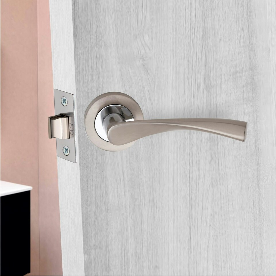 image 1 of Golden Grace 1 Pair Astrid Design Door Handles on Round Rose in Duo Chrome Finish with 2.5" Tubular Latch - 52mm Diameter Grey