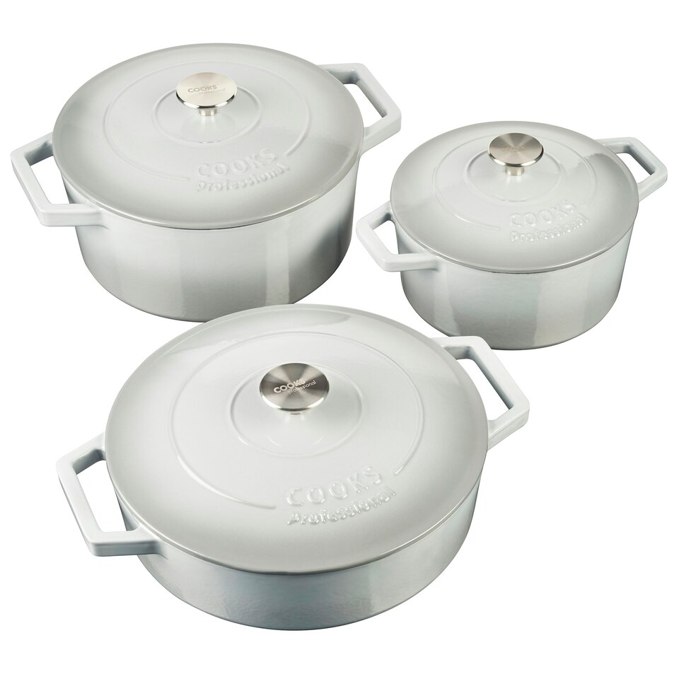 image 1 of Cooks Professional Cast Iron Casserole Dish Set of 3 | 20cm, 26cm and 28cm | Enamelled Inside and Out | Graduated Grey Grey