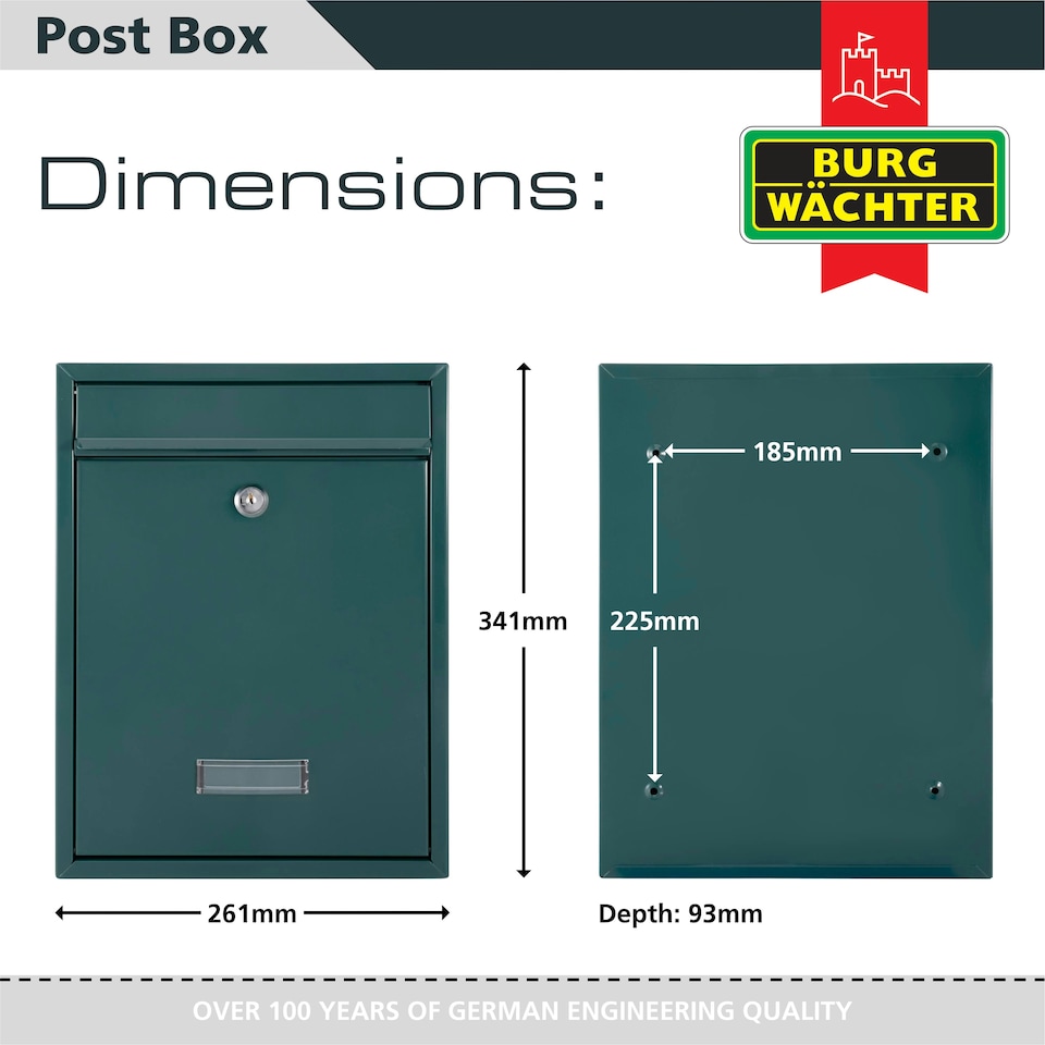 image 1 of Burg-Wachter Trent Wall Mounted Galvanised Steel Lockable Post Box - 26x34x9cm Green