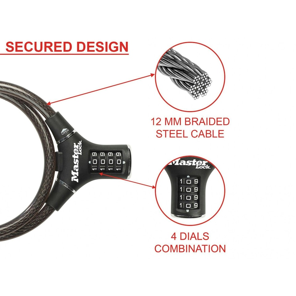 image 1 of Master Lock Black Steel Rigid Combination Cable 0.9m X 12mm - Multi Colour - One Size