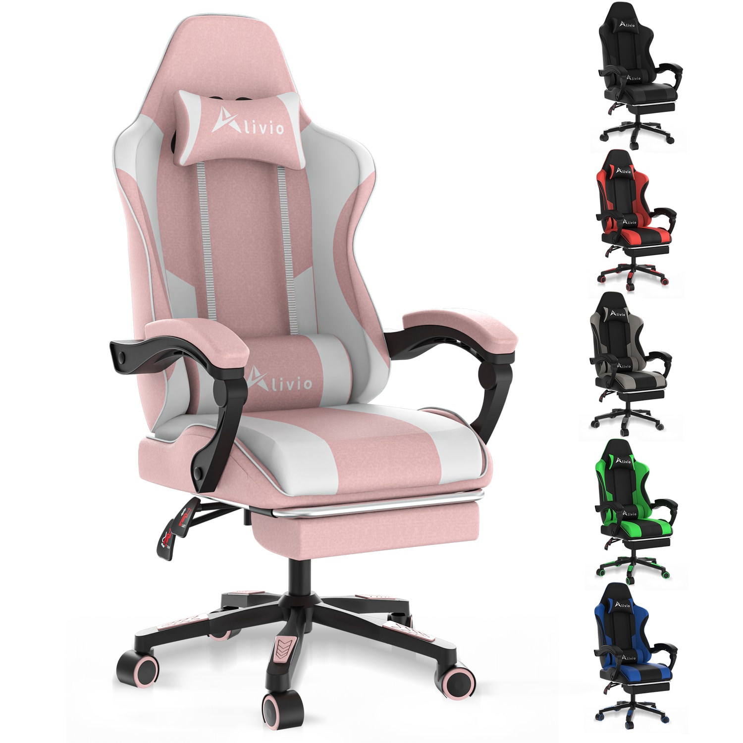 Alivio Ergonomic Gaming Chair with Massage Lumbar Cushion & Retractable Footrest, PU Leather Video Game Chair (Pink)