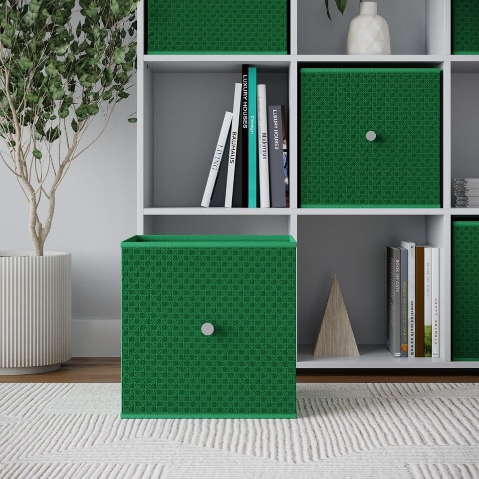 image 1 of Foldable Woven Fabric Storage Cube Box Drawer Insert Organiser Basket with Handle | Green | Green | Pack of 6 | 6
