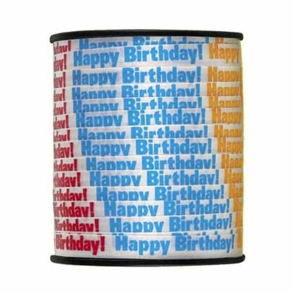 image 1 of White Happy Birthday Printed Curling Ribbon - 75 yd / 68.5m