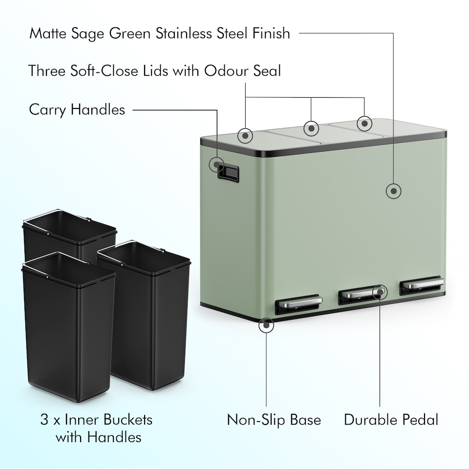 image 1 of 3 Compartment 45L Waste & Recycling Kitchen Bin (3 x 15L) | Green | Sage Green | 45L