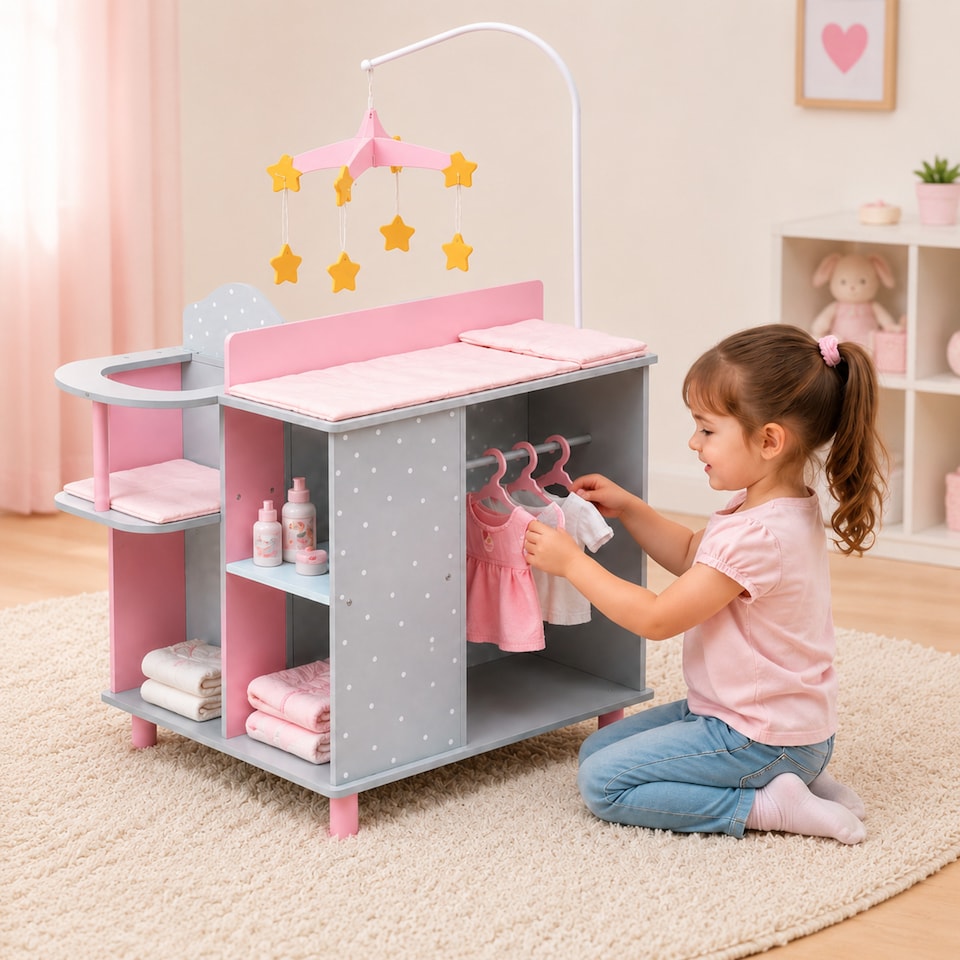 image 1 of Teamson Kids Wooden Baby Doll Changing Station with Storage, Grey/Pink