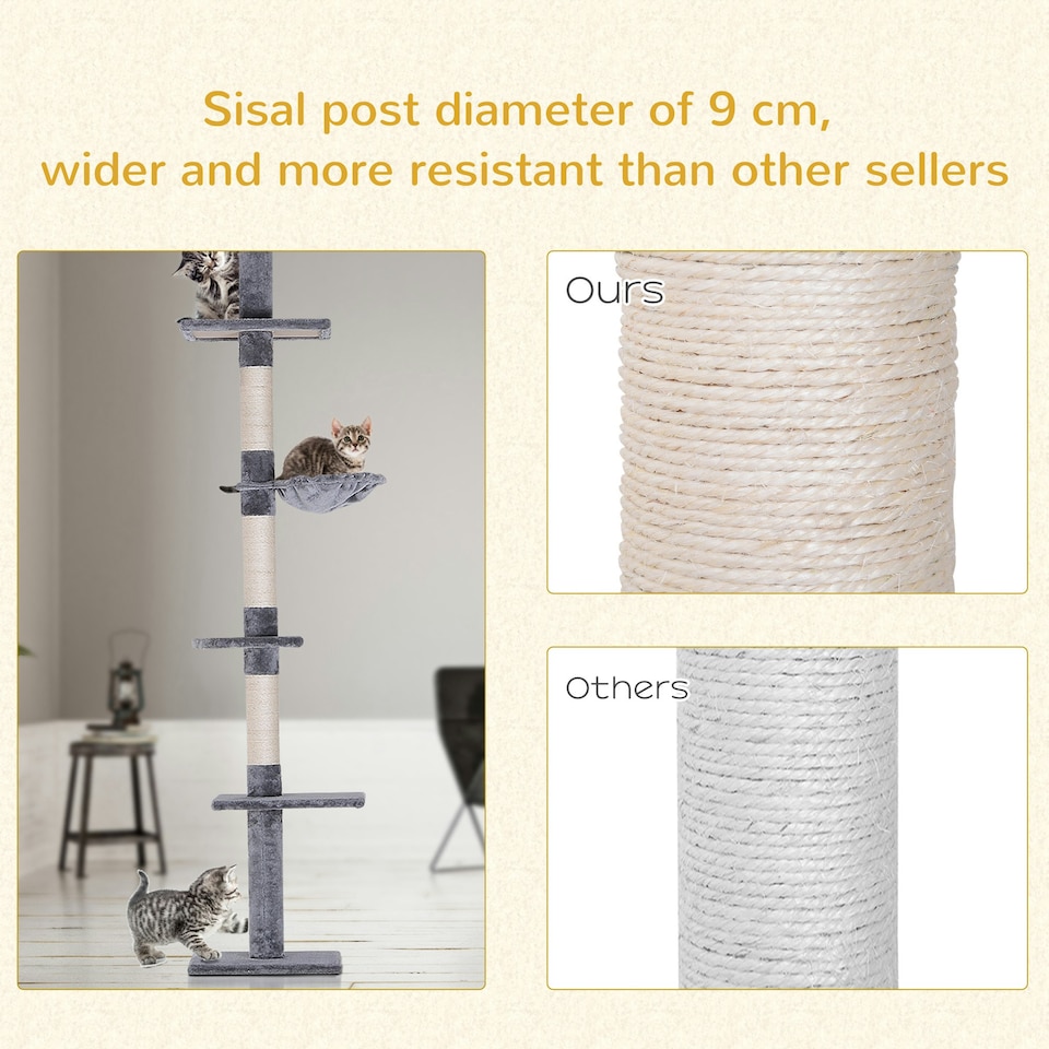 image 1 of PawHut Floor to Ceiling Cat Tree 5-Tier Climbing Tower Scratching Post Grey