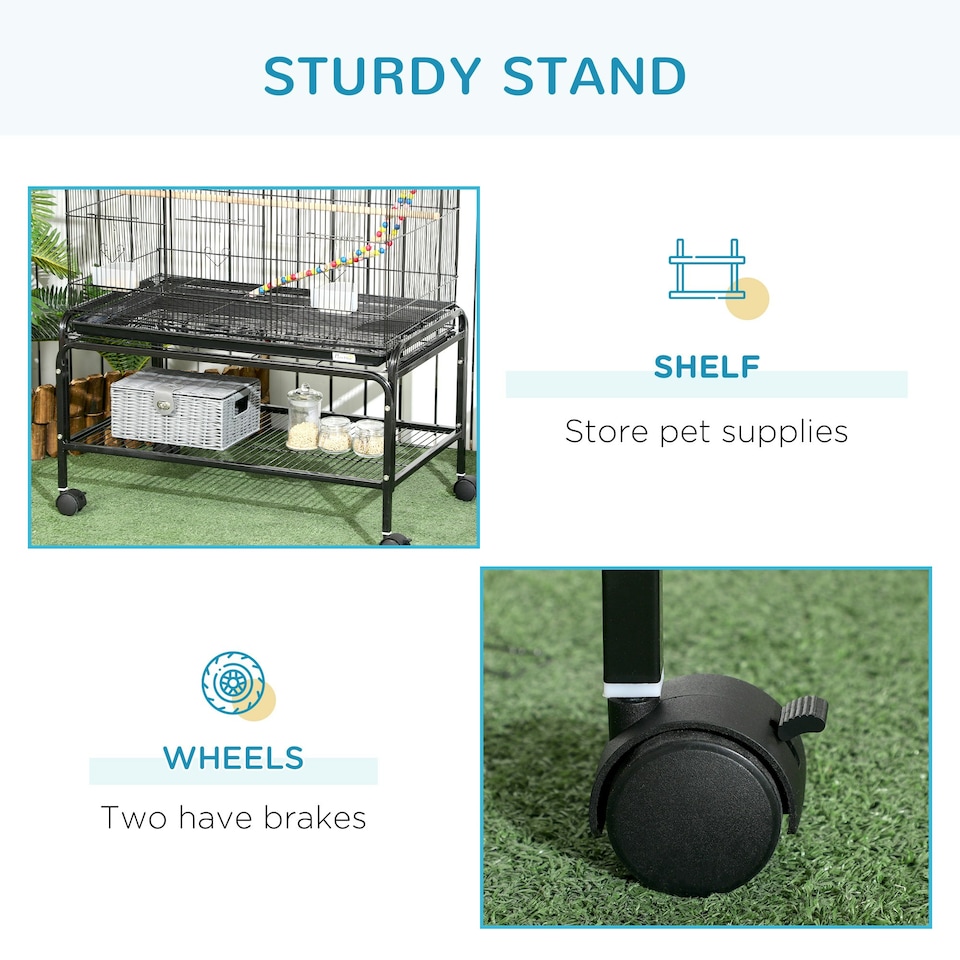 image 1 of PawHut Bird Cage, with Stand, Wheels, Toys, for Budgies, Finches, Parakeets