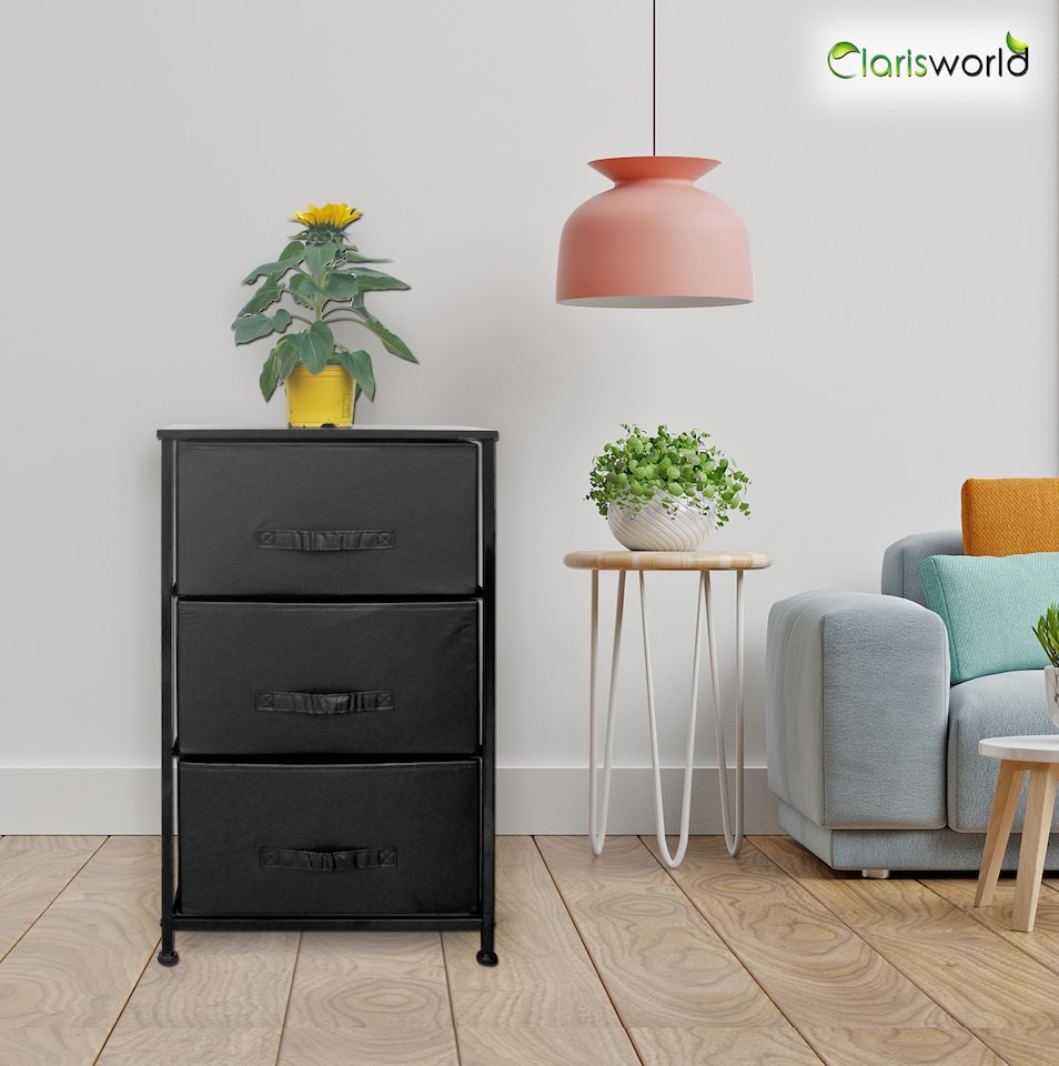 image 1 of Clarisworld 3 Drawer Storage Tower Dresser with Wood Top, Sturdy Steel Frame & Laminated Fabric Drawers, Storage Organiser Unit for Bedroom, Hallway, Entryway, Closet & Office