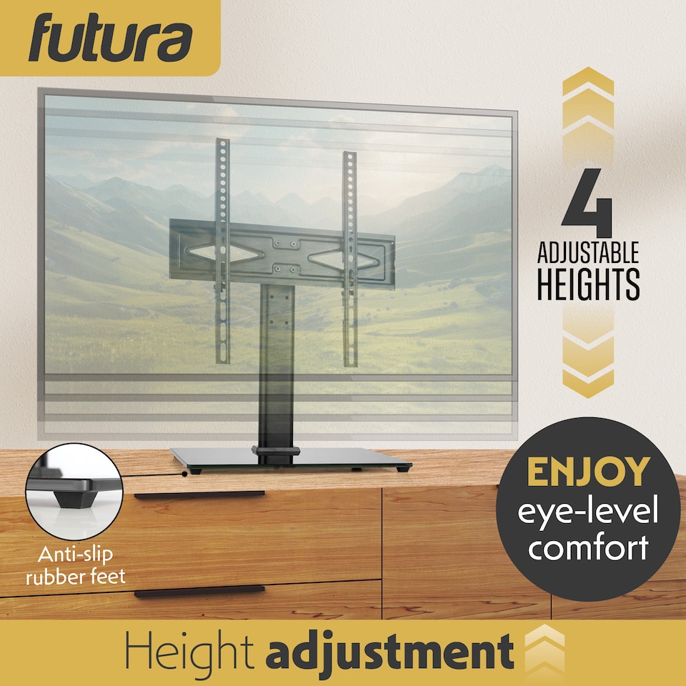 image 1 of Futura 24-60 Inch Universal TV Table Stand, Swivel & Height Adjustable 45kg Load Black