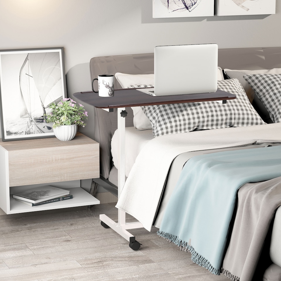 image 1 of HOMCOM Height Adjustable Over Bed Table with Wheels, C Shaped Laptop Desk, Portable Hospital Bed Table for Living Room, Bedroom, Brown