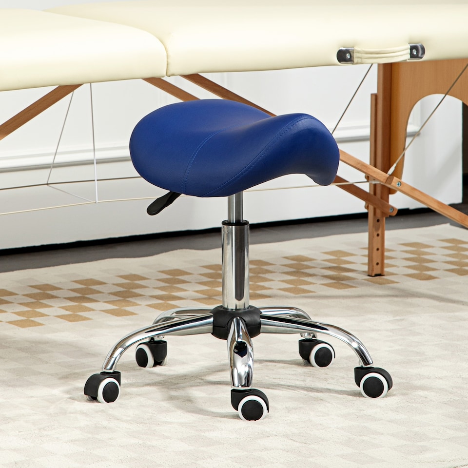 image 1 of HOMCOM Cosmetic Stool 360 Rotate Height Adjustable Salon Massage Spa Chair Hydraulic Rolling Faux Leather Saddle Stool Mobility, Dark Blue