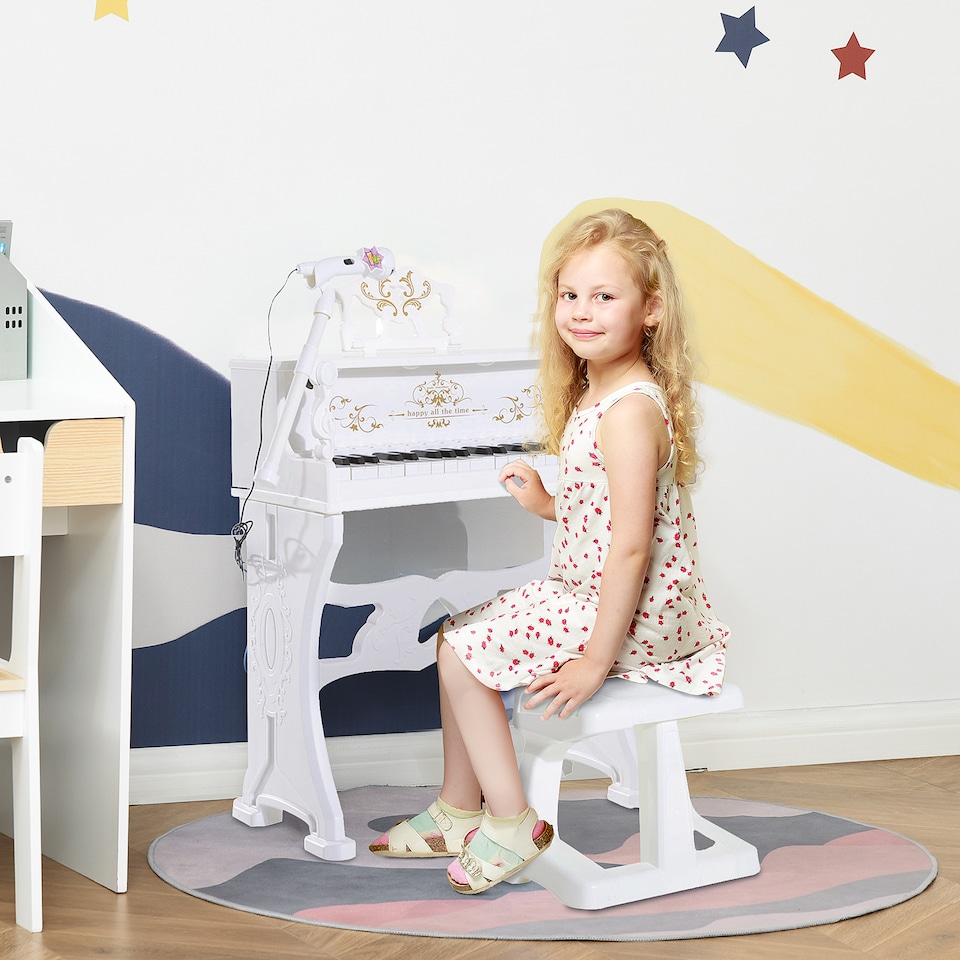 image 1 of HOMCOM 37 Keys Kids Piano Mini Electronic Keyboard Light Kids Musical Instrument Educational Game Children Grand Piano Toy Set w/Stool & Microphone & Music Stand (White) | White