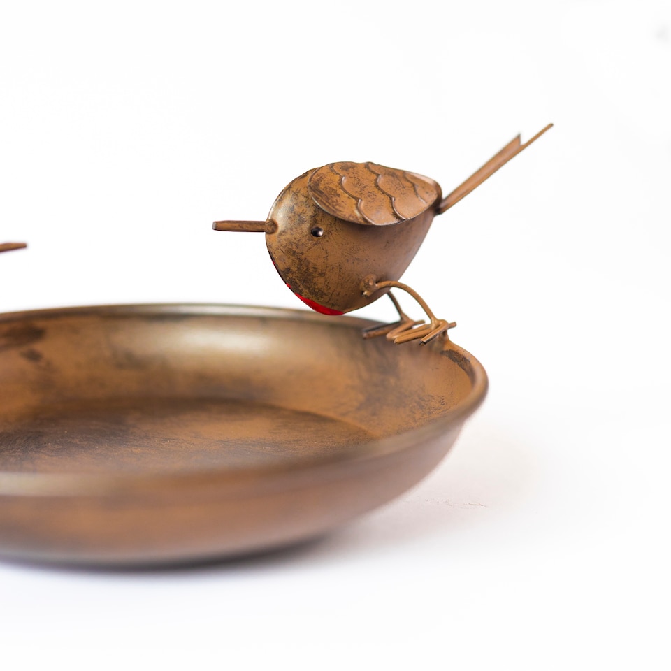 image 1 of Marco Paul Metal Garden Bird Bath & Bird Feeder on Stake with Decorative Robin Design 81cm