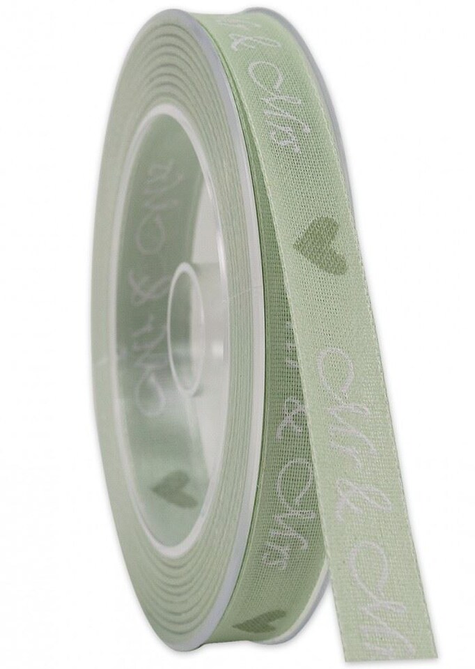 Minerva Green 15mm Mr and Mrs Print Ribbon (Value Roll) for Dressmaking - per 20 metre roll