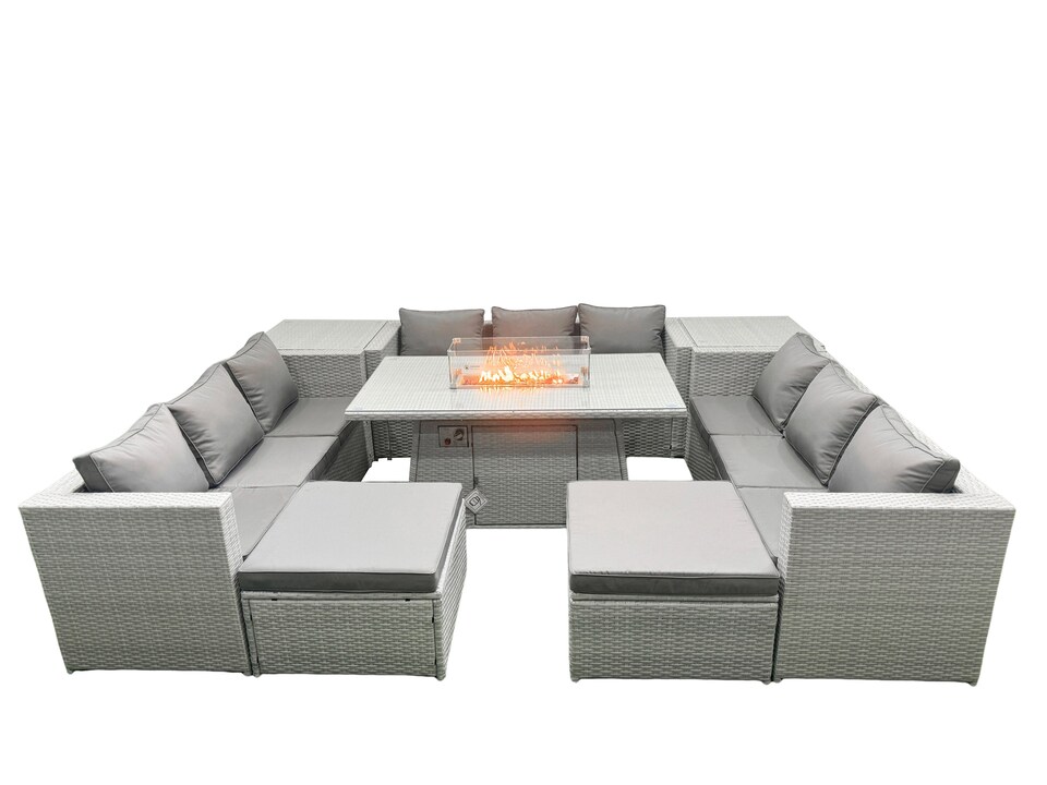 image 1 of Fimous Outdoor Garden Dining Sets Rattan Furniture Gas Fire Pit Dining Table Gas Heater with 2 Side Tables 2 Big Footstools Light Grey