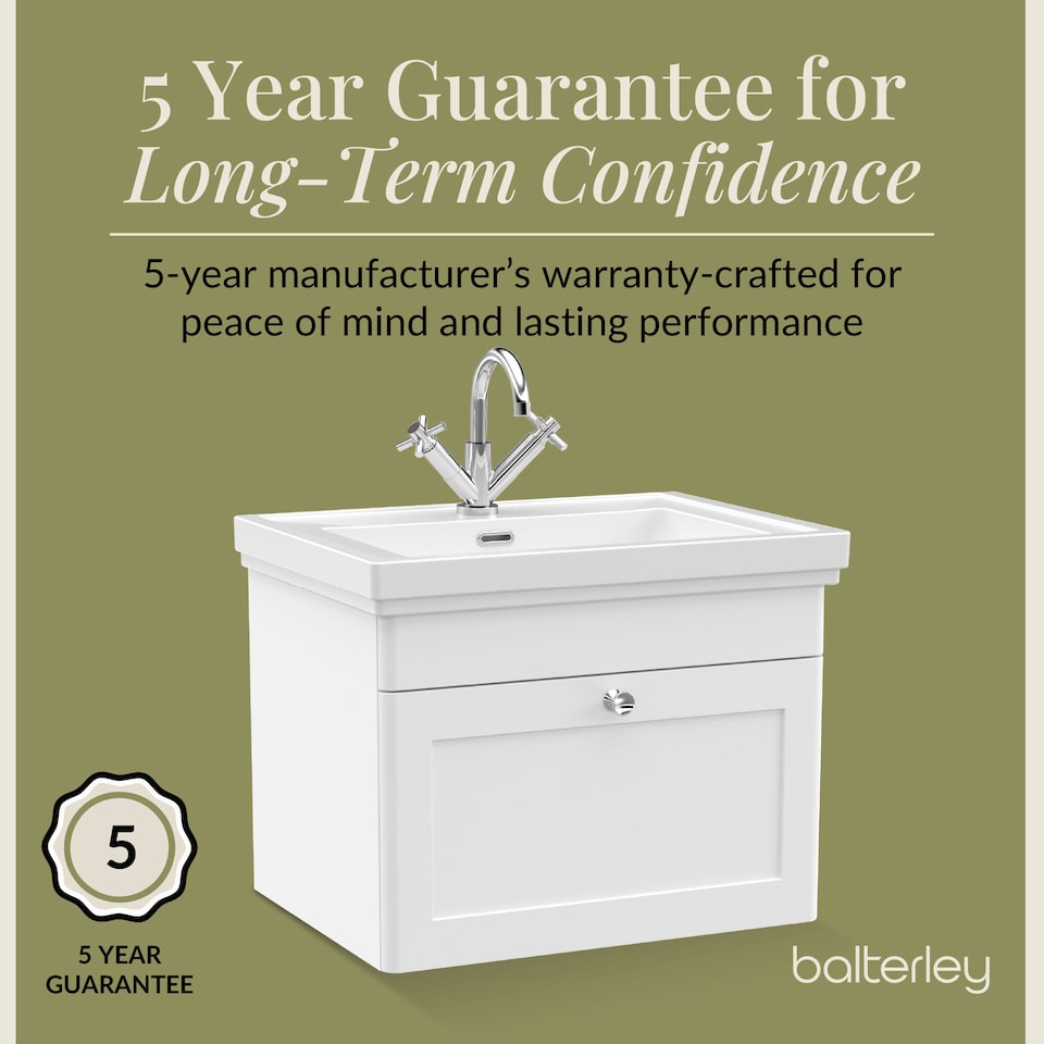 image 1 of Bathroom Wall Hung 1-Drawer Vanity Unit & Fireclay Basin, White, 600mm | White | Satin White | 471 x 631 x 496mm