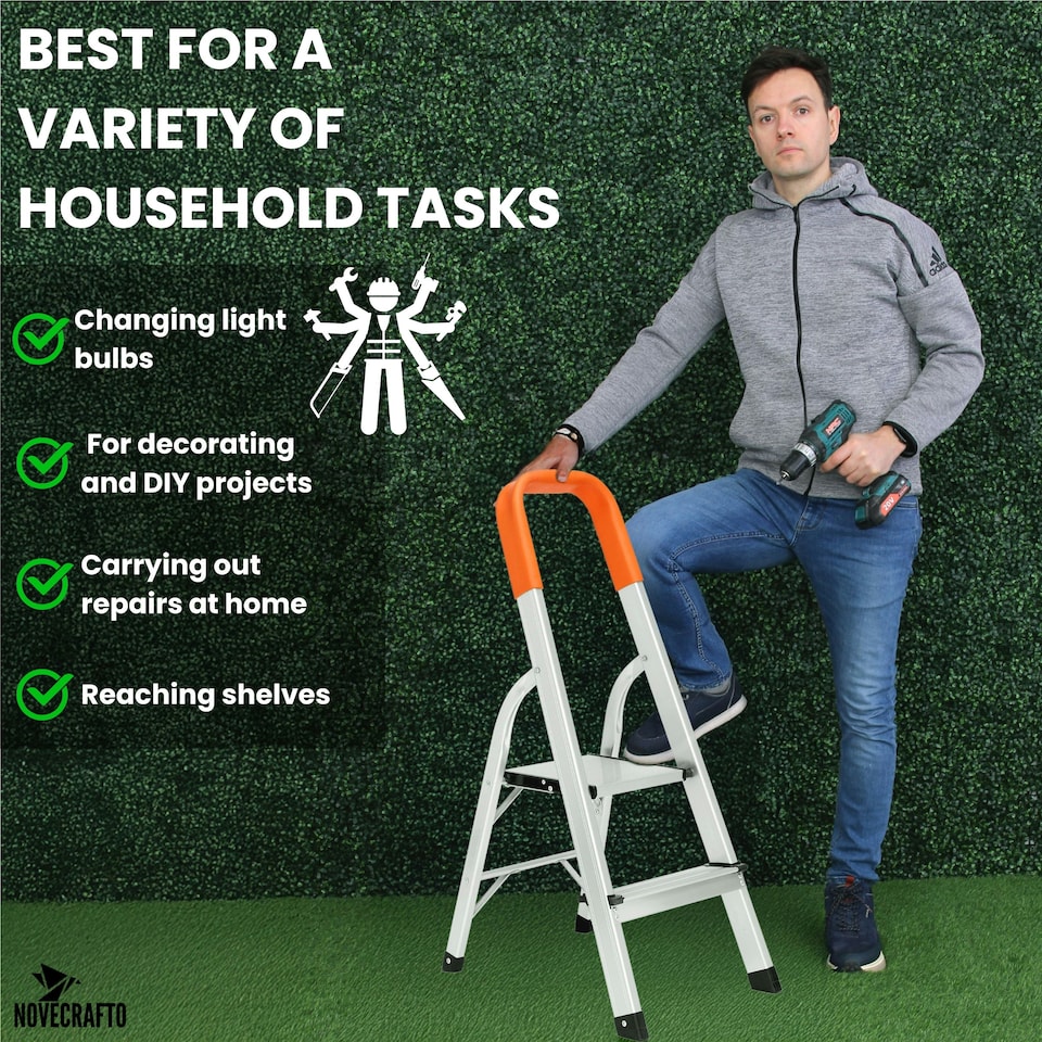 image 1 of Lightweight Step Ladders - Compact Aluminium Stepladder with Non-Slip Wide Step, Portable Silver Color - Tall Folding Ladder with Platform Silver | 2- Step 88cm